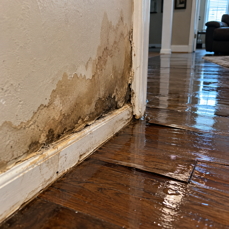 water damaged wall and soggy floor showing signs of water intrusion in Santa Ana home