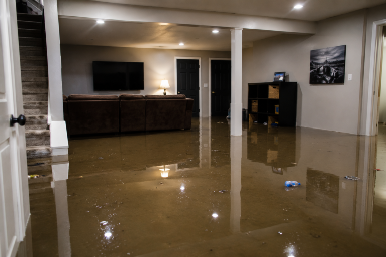 flooded family room with standing water covering floor during flood cleanup emergency